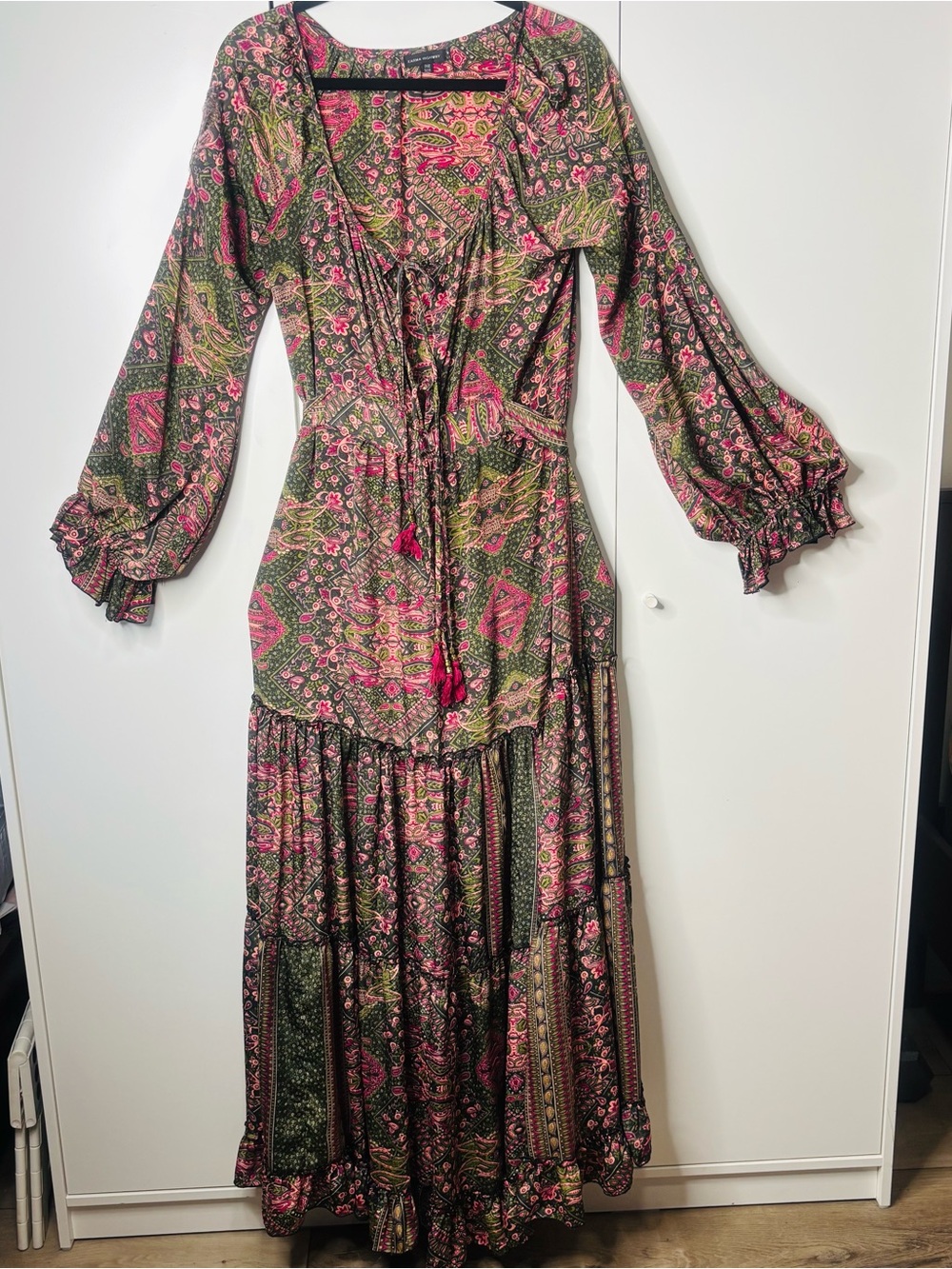 Boho Tiered Maxi Dress with Pink & Olive Paisley